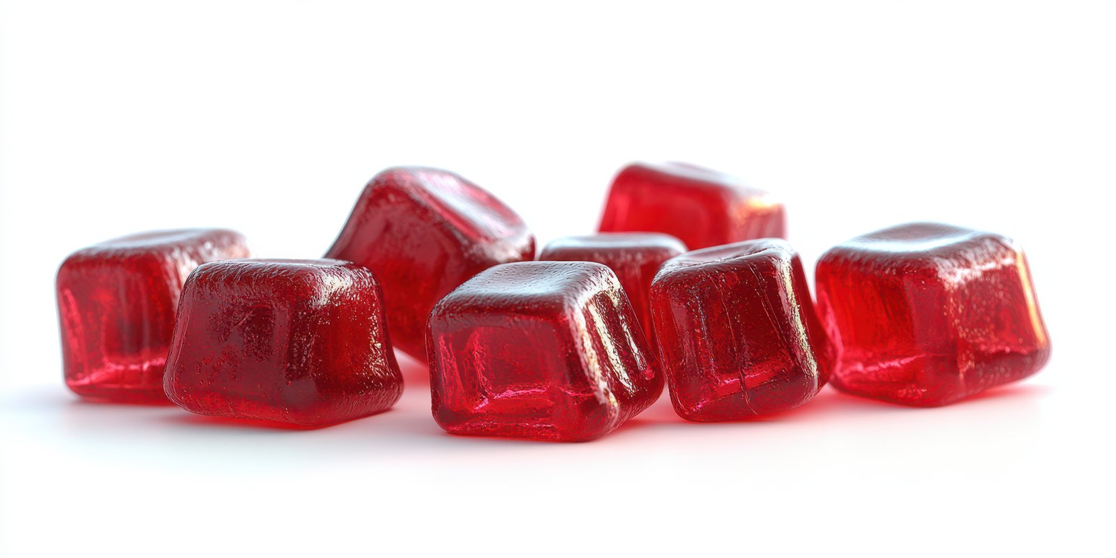 Colorful red candies arranged on a white surface with a bright background